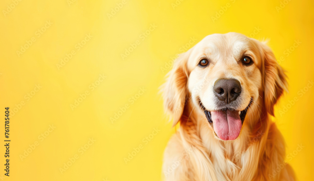 Golden Retriever Portrait, Dog Looking At The Camera, Yellow Background