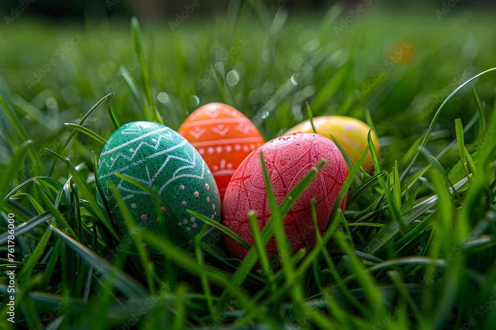 Fototapeta premium Colorful Easter eggs in grass, happy Easter background