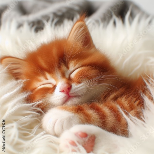 A tiny adorable crimson kitten peacefully slumbers atop a soft, snowy white blanket of fur.