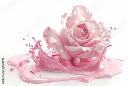 pink rose with pink liquid isolated on white