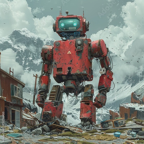 In the aftermath of a devastating landslide a robot emerges from the rubble tasked with clearing debris and salvaging what remains of a destroyed house Against the backdrop of destruction © ANNetz_PK