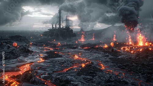 In the aftermath of a volcanic eruption rivers of lava cascade perilously close to an electrical plant posing a grave threat to infrastructure and livelihoods Against a backdrop of smoldering ash