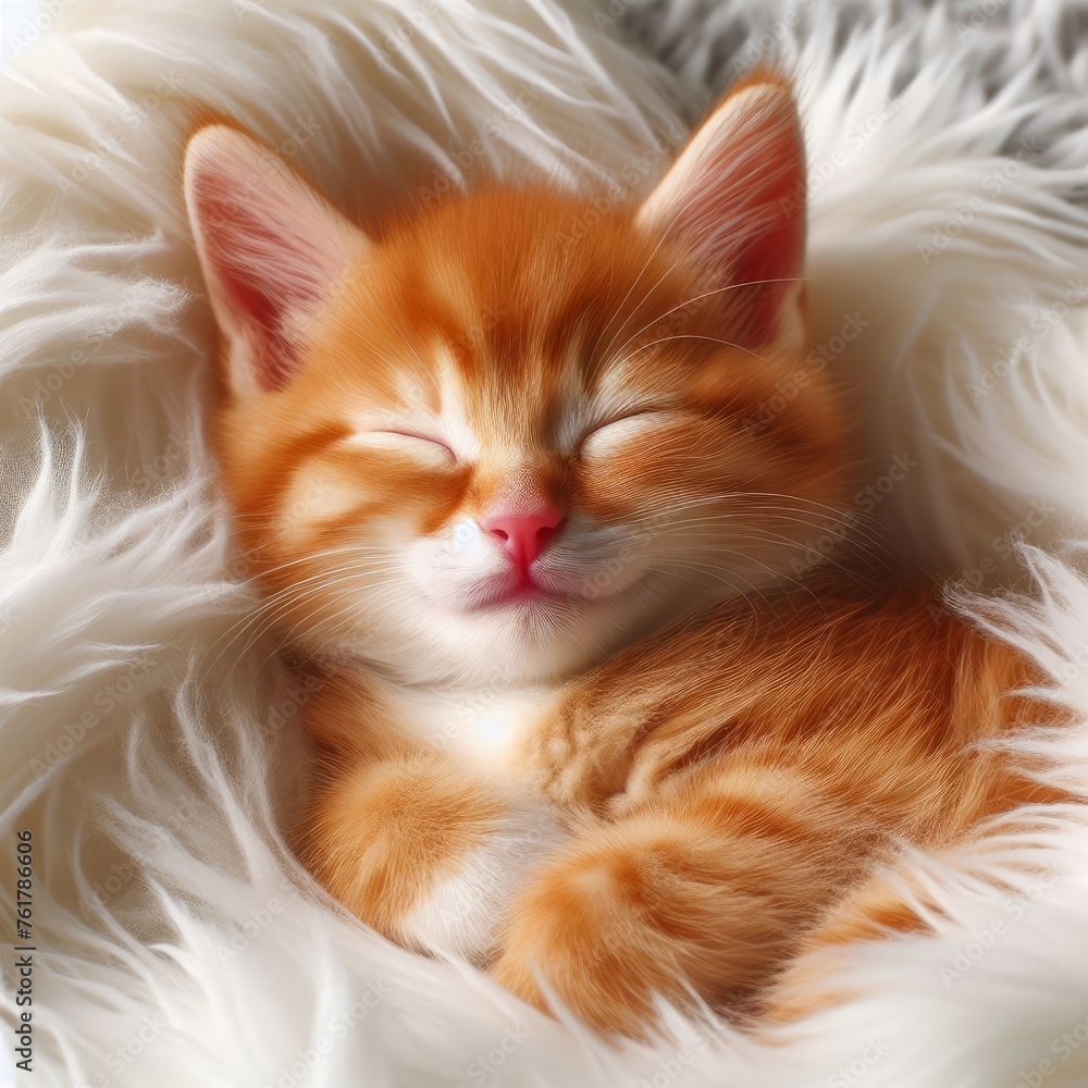 A tiny adorable crimson kitten peacefully slumbers atop a soft, snowy white blanket of fur. A tiny adorable crimson kitten peacefully slumbers atop a soft, snowy white blanket of fur.