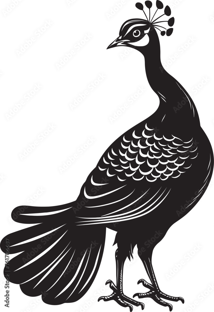 Fototapeta premium Enigmatic Majesty Peacock Black Logo Design Icon Graceful Plumes Large Peacock Vector Emblem in Black