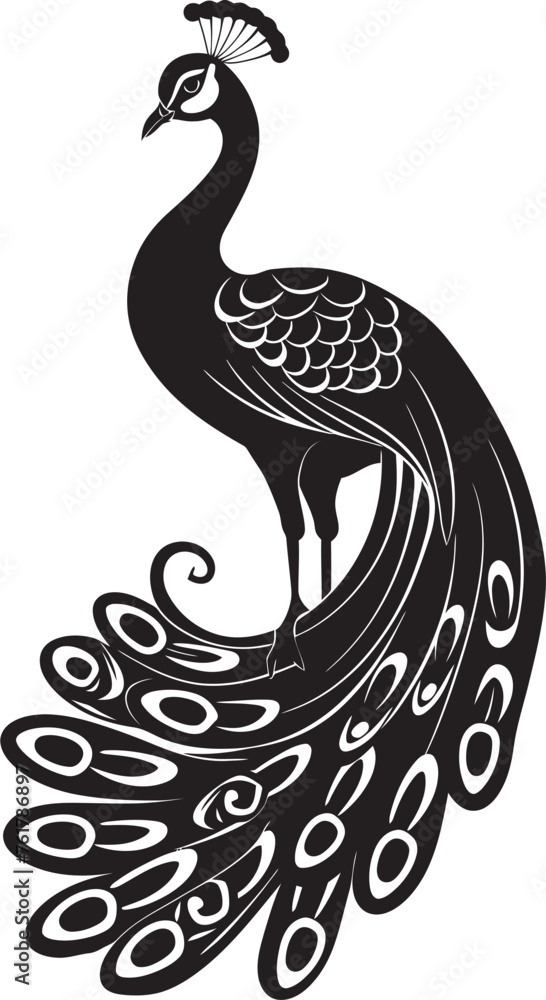 Obraz premium Exquisite Feathered Aura Black Logo Design of Magnificent Peacock Icon Royal Plumage Beautiful Peacock Emblem in Vector Black