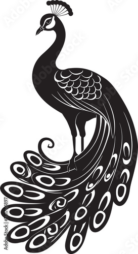 Exquisite Feathered Aura Black Logo Design of Magnificent Peacock Icon Royal Plumage Beautiful Peacock Emblem in Vector Black