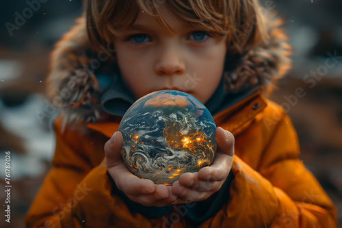 Boy Holding Globe with Fiery Explosions.
