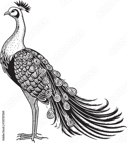 Astral Elegance Hand Drawn Symbol of Large Peacock in Black Enigmatic Feathered Euphoria Logo Design of Gorgeous Peacock in Black Vector