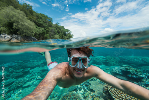 Young man takes a half-submerged selfie while snorkeling in a tropical sea