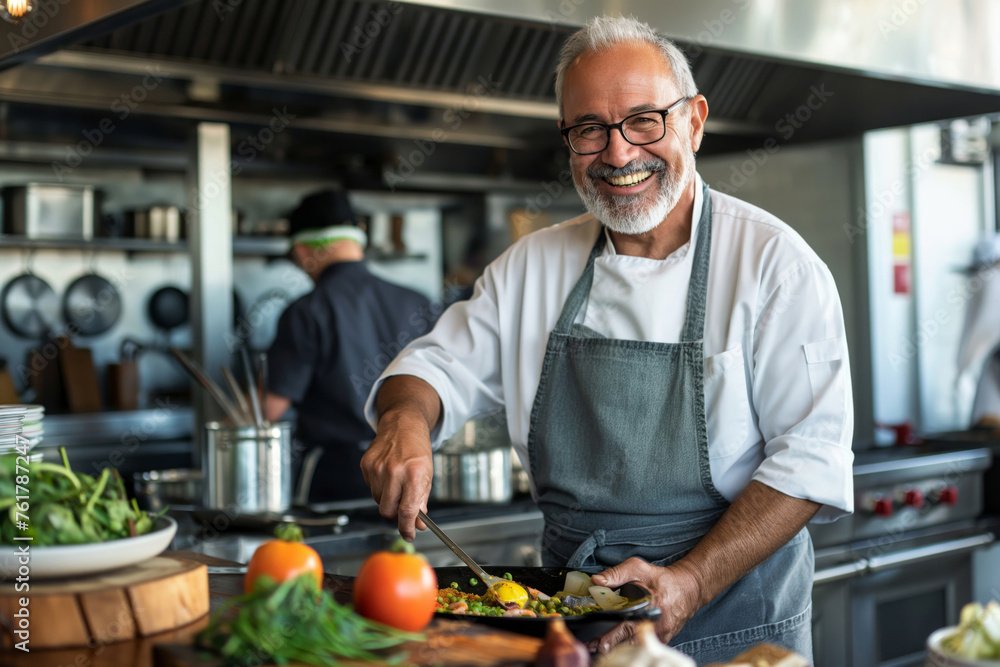 Smiling mature chef with apron chopping vegetables in a professional kitchen Smiling mature chef with apron chopping vegetables in a professional kitchen