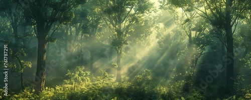Sunlight filtering through a dense woodland trail photo