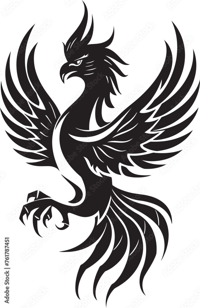 Eternal Flame Vector Icon of Mythical Phoenix in Black Cosmic Rebirth Hand Drawn Symbol of Legendary Phoenix in Black Vector