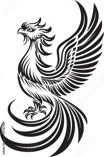 Cosmic Rebirth Hand Drawn Symbol of Legendary Phoenix in Black Vector Phoenix Radiance Logo Design of Mythical Bird in Black Vector