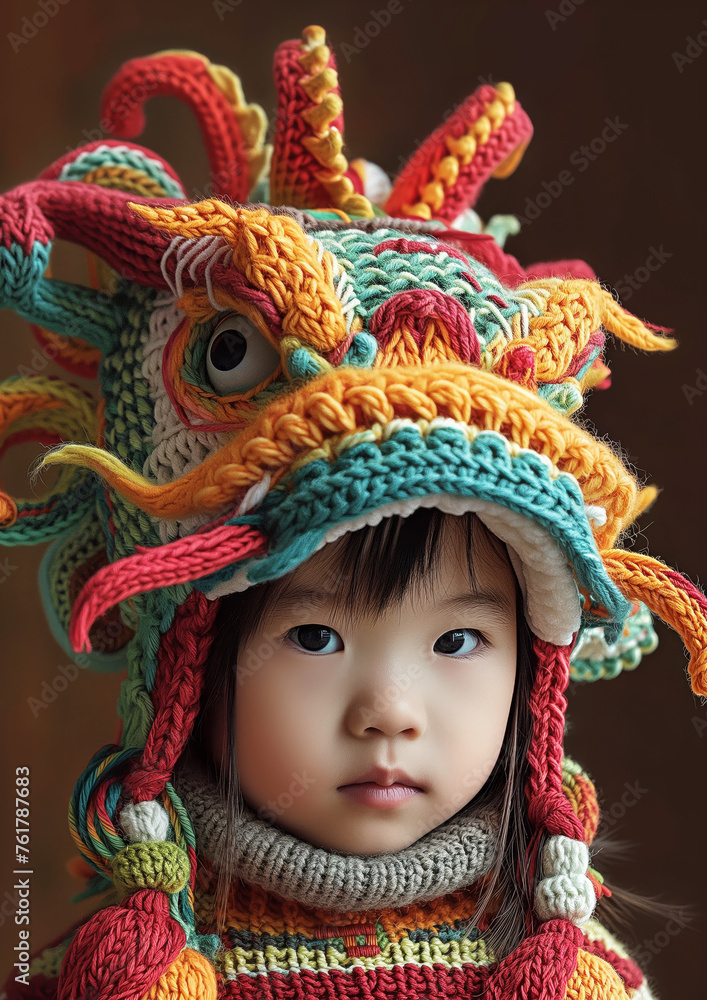 Child in a Colorful Knitted Dragon Hat. Child in a Colorful Knitted Dragon Hat.