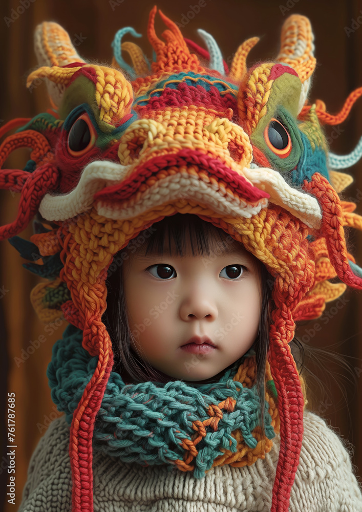 Child in a Colorful Knitted Dragon Hat. Child in a Colorful Knitted Dragon Hat.