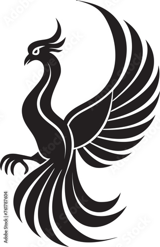 Phoenix Revival Vector Icon of Mythical Bird in Black Eternal Flight Hand Drawn Phoenix Symbol in Black Vector