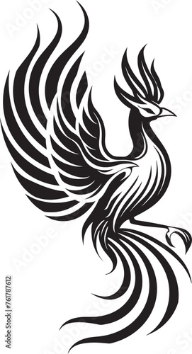 Cosmic Rebirth Hand Drawn Symbol of Legendary Phoenix in Black Vector Phoenix Radiance Logo Design of Mythical Bird in Black Vector