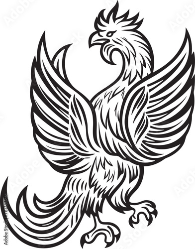 Eternal Flame Vector Icon of Mythical Phoenix in Black Cosmic Rebirth Hand Drawn Symbol of Legendary Phoenix in Black Vector