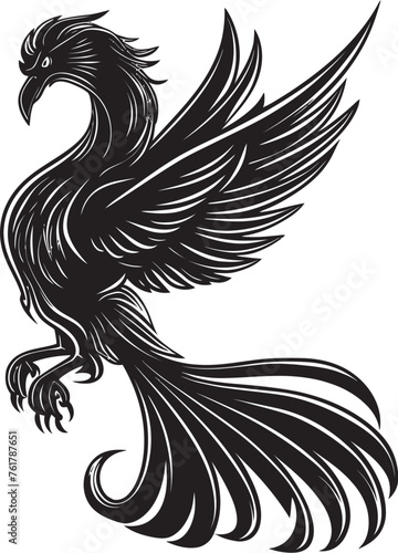 Phoenix Essence Hand Drawn Symbol of Legendary Bird in Black Vector Celestial Symbol Logo Design of Mythical Phoenix in Black Vector