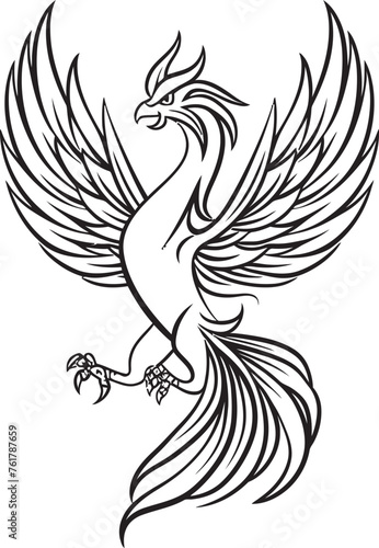 Eternal Flames Mythical Phoenix Emblem in Vector Black Celestial Rebirth Hand Drawn Phoenix Symbol in Black