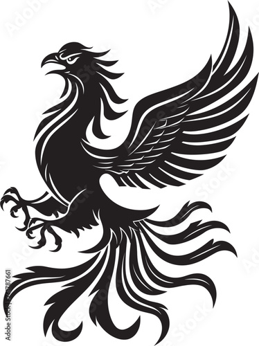 Reborn Flame Hand Drawn Phoenix Symbol in Black Vector Phoenix Symbolism Logo Design of Mythical Bird in Black Vector