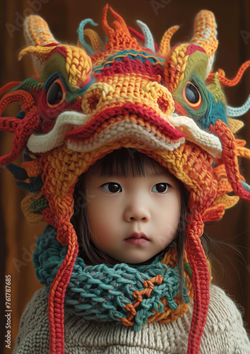 Child in a Colorful Knitted Dragon Hat.