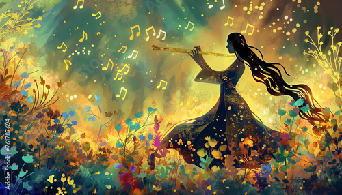 Whimsical Silhouette of a Woman Playing Flute in a Mystical Flower Field