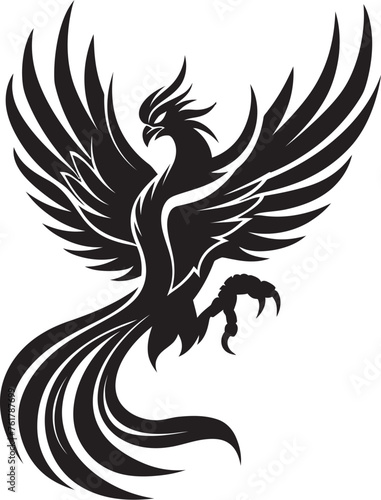 Cosmic Flame Hand Drawn Phoenix Symbol in Black Vector Resurrected Phoenix Logo Design of Legendary Bird in Black Vector