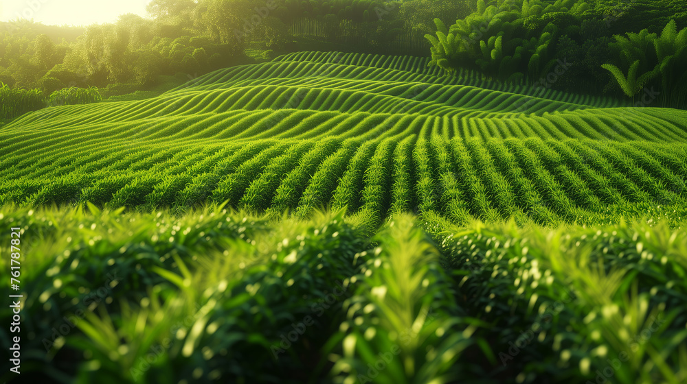 Sun-Kissed Green Tea Plantation at Dawn.