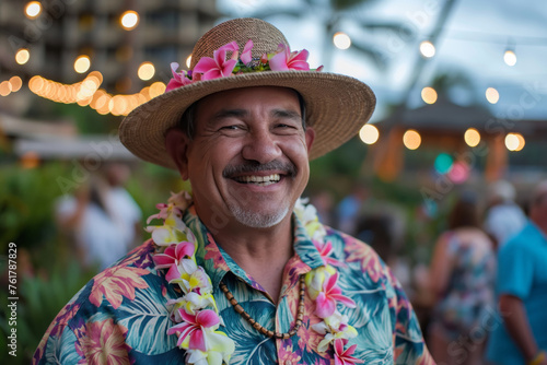 Joyful mature man in Hawaiian attire with festive background