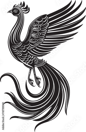 Eternal Flame Vector Icon of Mythical Phoenix in Black Phoenix Ascend Legendary Avian Vector Emblem in Black