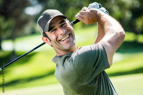Joyful man playing golf, enjoying a perfect swing in bright sunlight at a lush course