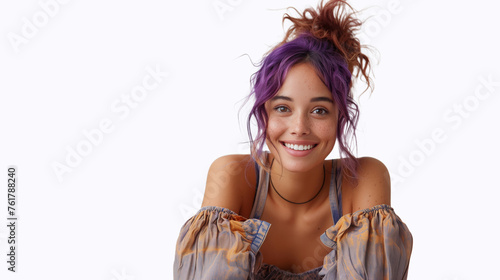 Smiling Woman with Purple Hair and Freckles.