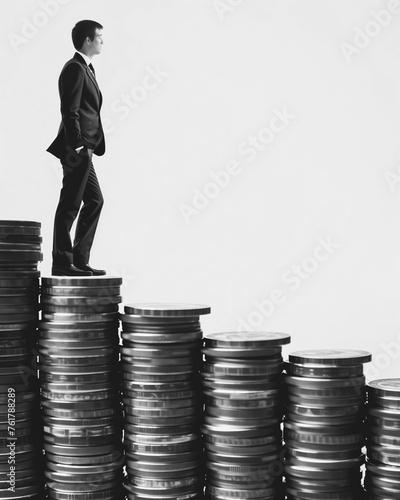 Businessman Standing on Pile of Coins.