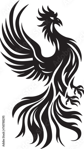 Phoenix Revival Vector Icon of Mythical Bird in Black Radiant Fire Hand Drawn Phoenix Symbol in Black Vector