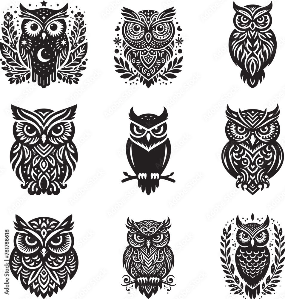 Owl silhouette vector illustration set Owl silhouette vector illustration set