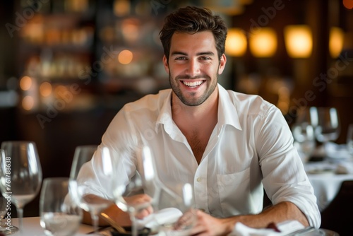 Handsome young adult with a bright smile at an upscale restaurant setting