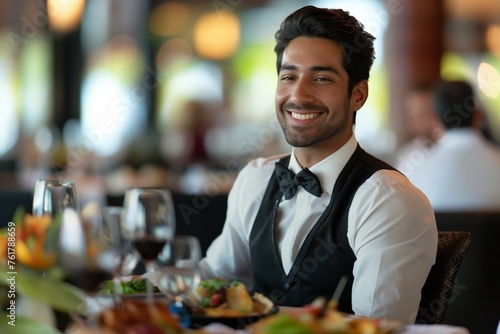 Charismatic young waiter in a bow tie smiling warmly at a fancy restaurant setting