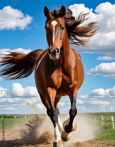 A powerful brown horse gallops fiercely across a sunlit field, dust swirling around its hooves. Its mane flows wildly in the breeze, capturing a sense of freedom and strength.