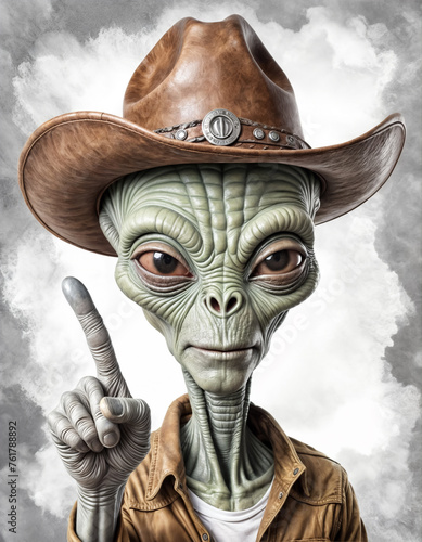 Portrait of an alien wearing a cowboy brown leather hat with its index finger pointing up.