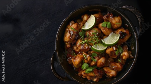 Indian chicken jalfrezi curry in balti dish photo