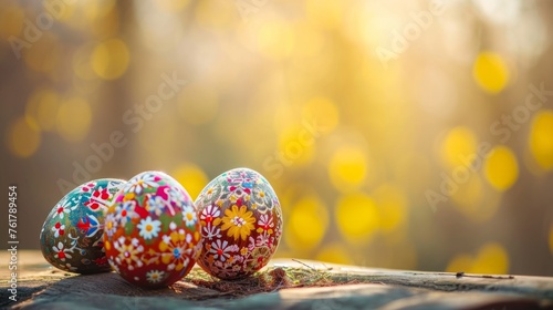 Ukrainian culture, traditionally painted Easter egg, banner against colorful ethnic wooden background in sunny day. Festive seasonal pysanky, hand made decorated with beeswax photo