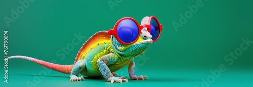 A chameleon channels its inner fashion icon with funky red glasses, creating a striking contrast on a lush green background. Its skin displays a kaleidoscope of colors, showcasing nature's playful