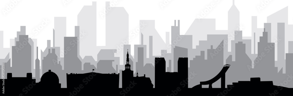 Black cityscape skyline panorama with gray misty city buildings background of OSLO, NORWAY