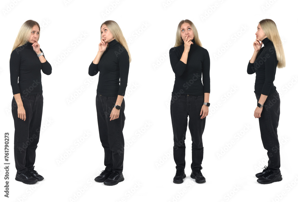 Obraz premium various poses of the same woman thinking on white background
