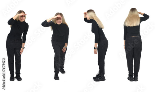 various poses of the same woman looking away on white background