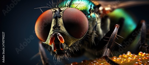 A close up of an arthropod insect, a fly, sitting on a flower. Captured with macro photography, showcasing its symmetry. A glimpse into wildlife