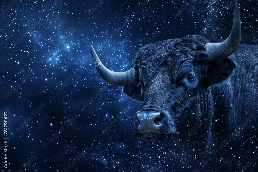 Taurus Zodiac Sign, Horoscope Symbol, Magic Astrology Bull, Taurus in Fantastic Night Sky - obrazy, fototapety, plakaty 