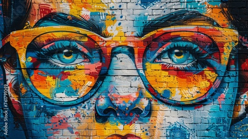 Painting of a Woman With Glasses on a Brick Wall