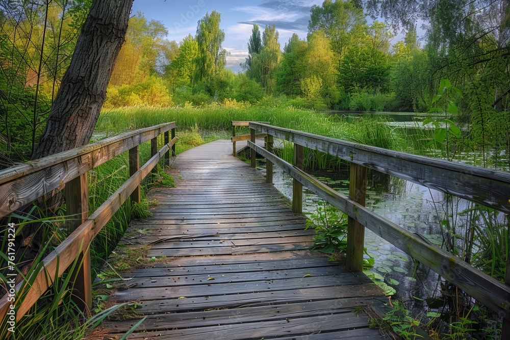 Wooden Trail near Lake, Wood River Path Landscape, Old Water Bridge, Pond Touristic Wooden Pathway